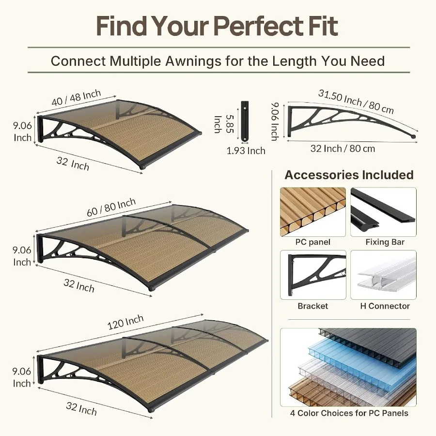Door Awning Exterior, Window Canopy for Front Door, UPF 50+ Polycarbonate Overhang Cover for Patio, Porch, Entryway, UV Rain an