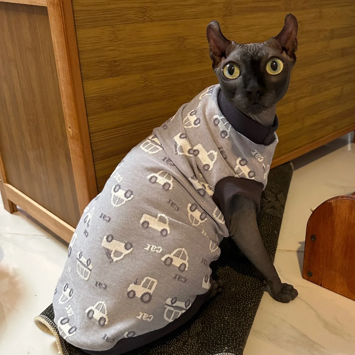 Cartoon Cars T-shirt for Sphynx Cat Short Sleeves Summer Cotton Coat for Devon Rex Soft Grey Jumpsuit for Hairless Cat in Spring view 2