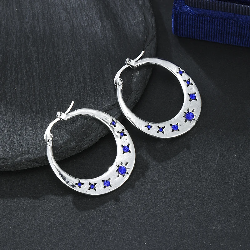 Simple Silver Color Crescent Shaped Inlaid Blue Zircon Earrings for Women's Daily Leisure Parties Jewelry Accessories Gifts