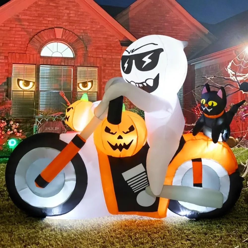 

6 FT Halloween Inflatables Ghost Outdoor Decorations Blow Up Yard Pumpkin Cat Motorcycle with Built-in LEDs for Indoor Party