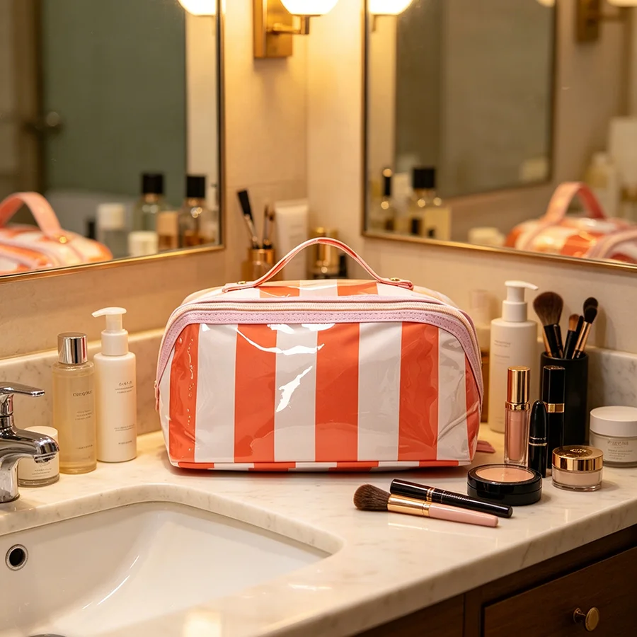 PVC Cosmetic Bag For Women Large Capacity Waterproof Portable Pouch Open Flat Toiletry Bag With Handle