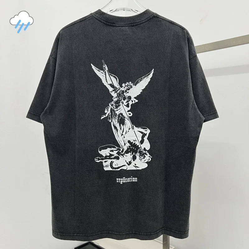 

High Quality Cotton Oversized Tee Tops Men Women Vintage Washed Black T Shirt Sanskrit Letter Angel Print Streetwear T-Shirt