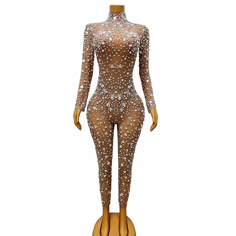 

Sexy Nude Rhinestones Pearl Women Long Sleeve Jumpsuit Birthday Party Elastic Tight Mesh Romper Singer Nightclub Stage Costume