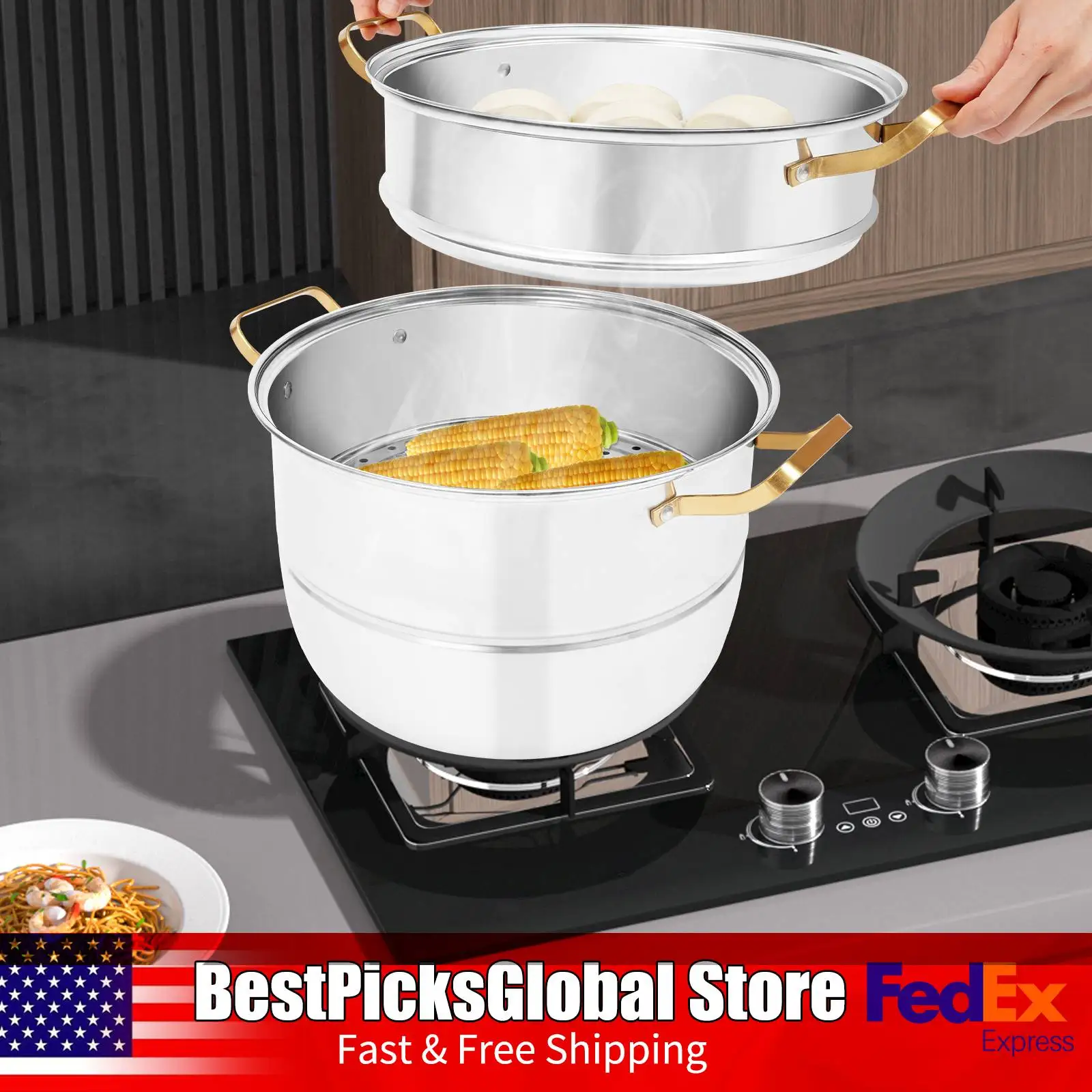 

3-х ярусная пароварка, золотая ручка, кастрюля для пароварки из нержавеющей стали с 3 паровыми решетками и стеклянной крышкой для кухни, плита