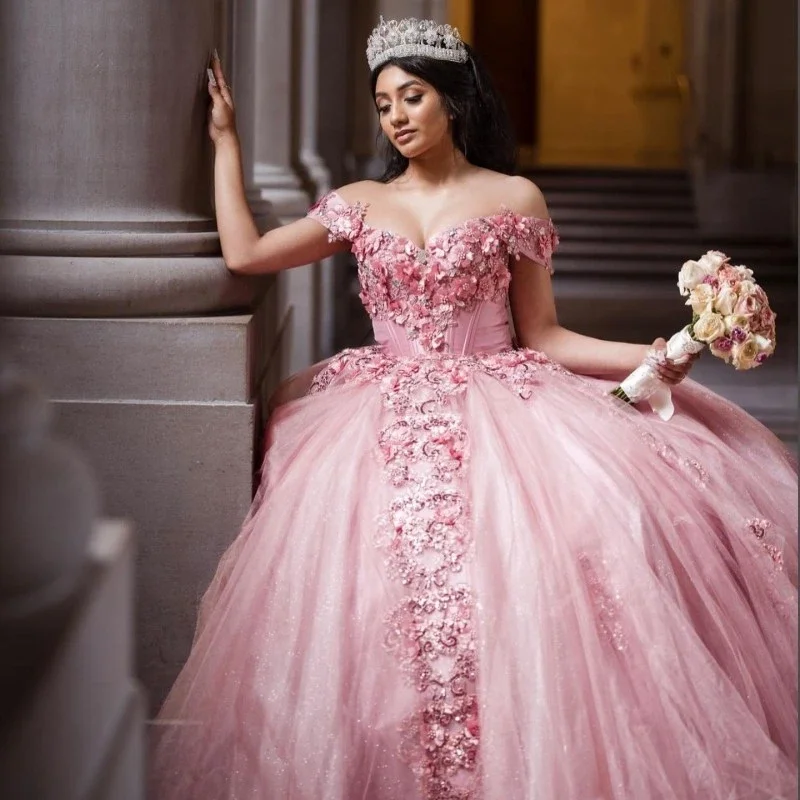 Personalizado personalizado 2025 rosa fora do ombro mexicano quinceanera vestido apliques contas vestido de xv anos 15 16 aniversário