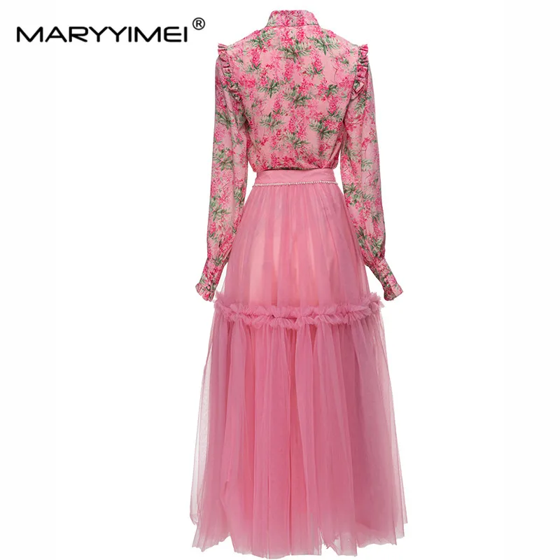 MARYYIMEI Vintage Print Suit Autumn Lantern Sleeve Stand Collar Single Breasted Ruffle Shirt＋Long Skirt Holiday Two piece set