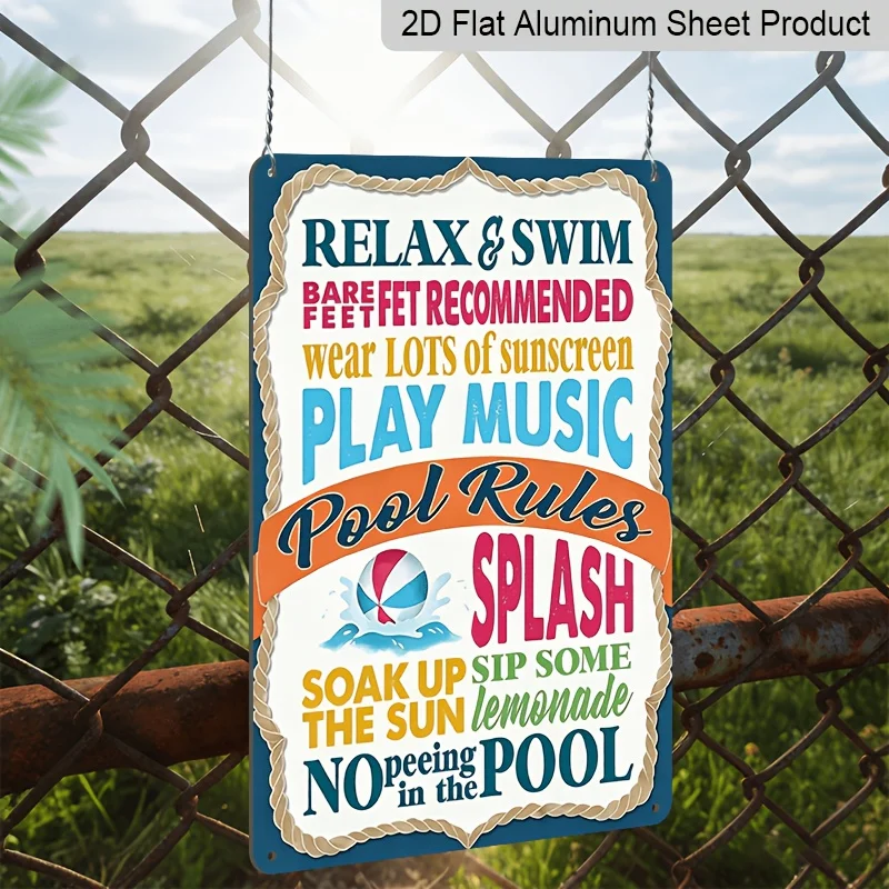 2D Flat 1pc Fun Pool Rules Aluminum Sign Waterproof, Vibrant Pool Decor with Relax & Swim Recommendations