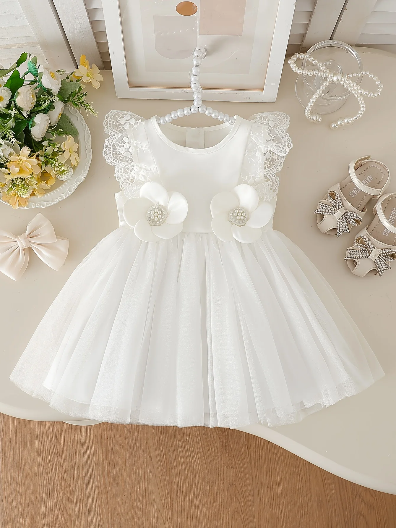 

Baby Girl Summer Dress, Ruffle Sleeve 3D Flower, Elegant Sweet Puff Skirt, for Outdoor/Party, Birthday/Valentine Gift