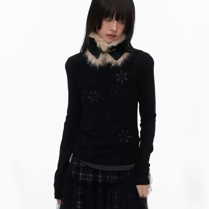 Y2K Women Double Layer Embroidered Hollow Flower Long Sleeve Top Slim Stretch Mock Two Piece Crew Neck T Shirt - view 3