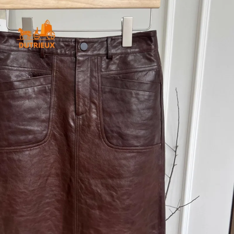 Mittellanger, hoch taillierter, hüftumwickelter A-Linien-Rock für Damen im Herbst und Winter, edler und femininer Rock aus 100 % echtem Schaffell