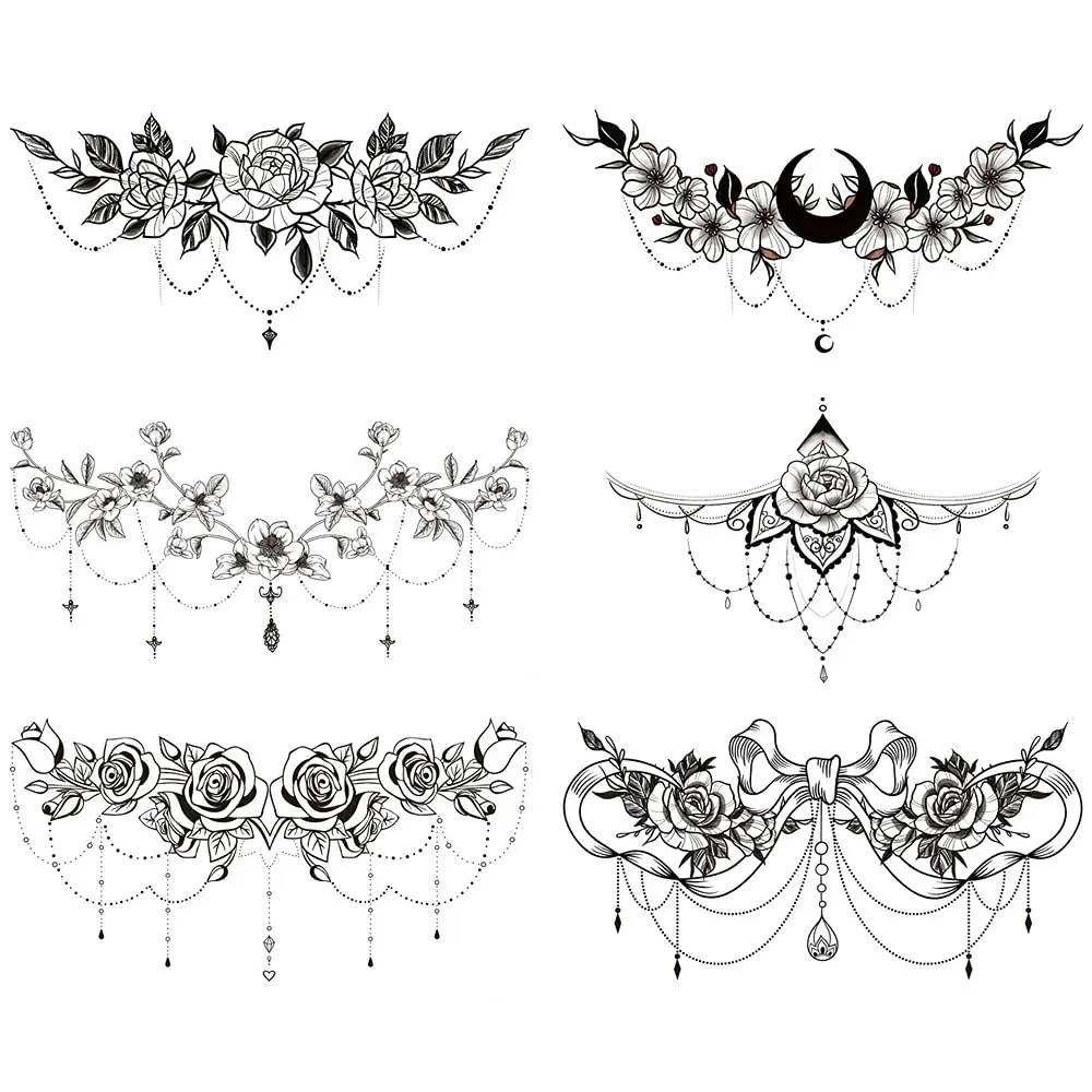 GLARYYEARS Chest Underboob Temporary Tattoo for Women, 6-Pack Black Sexy Realistic Floral Tattoos, Fake Tattoos for Waist Back