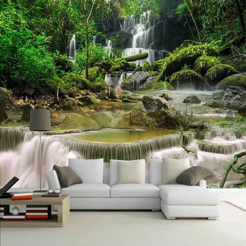 

Custom Any Size 3D Wall Murals Wallpaper Green Nature Landscape Forest Waterfall Photo Background Wall Painting Papel De Parede