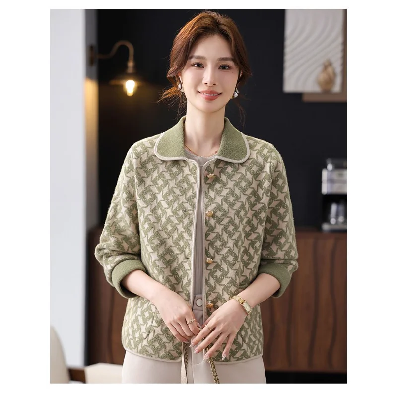 Middle-aged Mother's Coat for Women in Spring and Autumn Knitted Jacket Rich Wife Cardigan Printed Top Fashionable