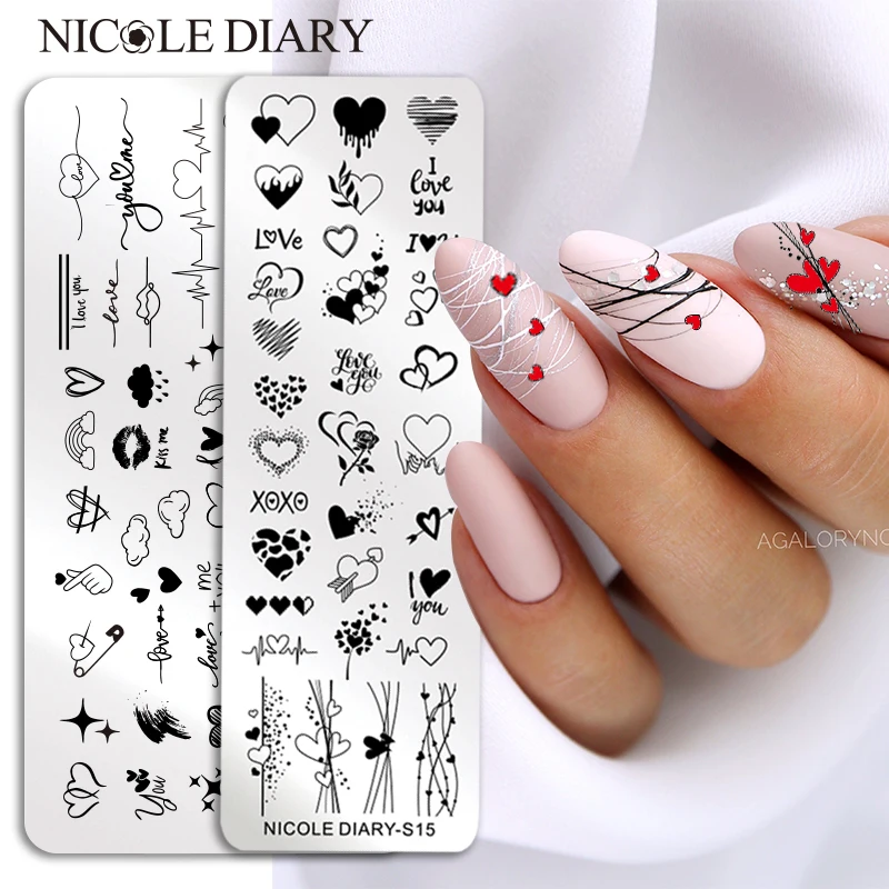 NICOLE DIARY Stripe Heart Stamping Plates Love Valentine Nail Stamp Templates Stamping for Nails Leaf Flower Manicure Decor