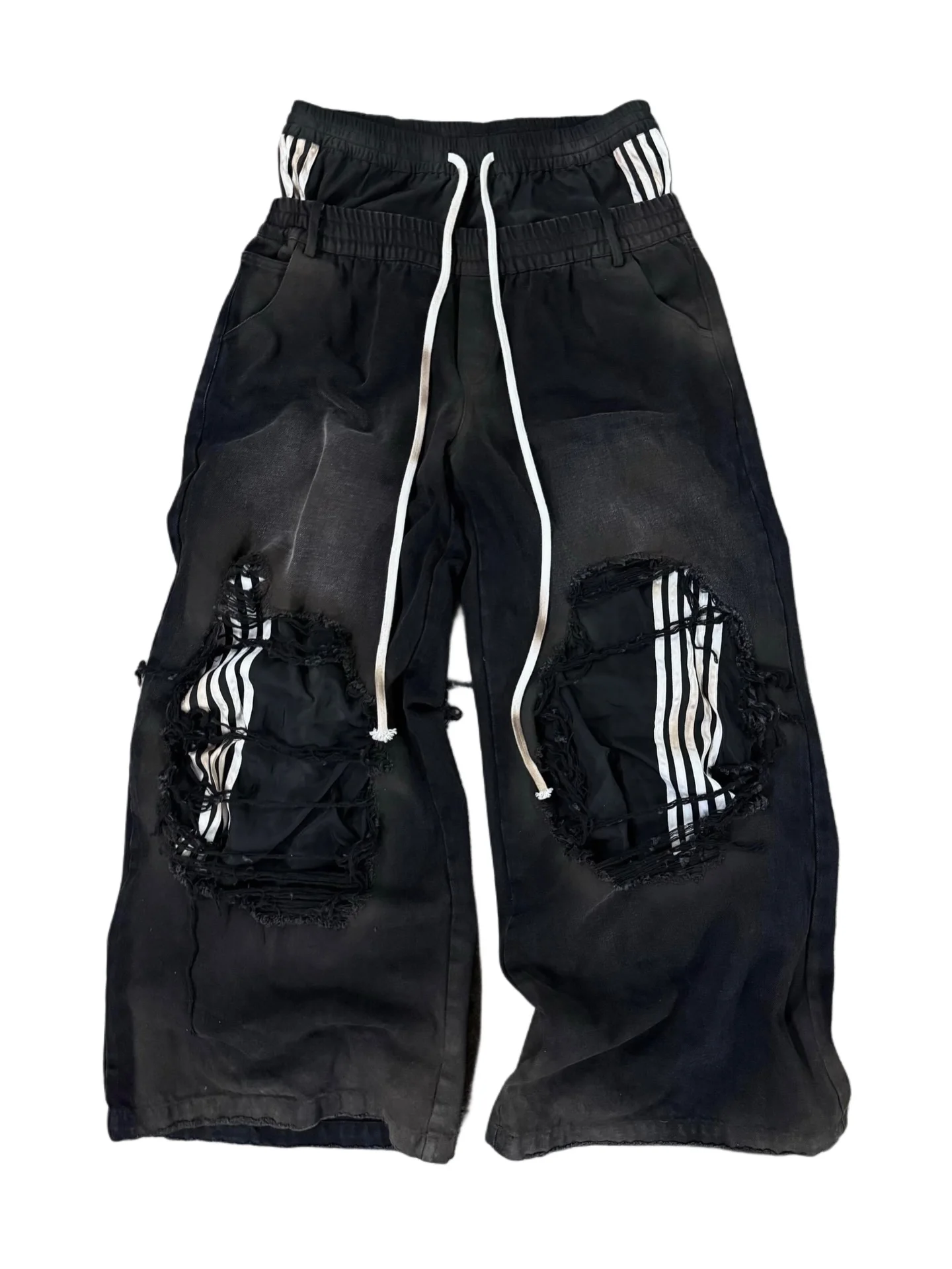 

2026 New Y2K Korean fashion brand stripe hole baggy jeans harajuku men women street hip hop casual couple Wide-leg pants