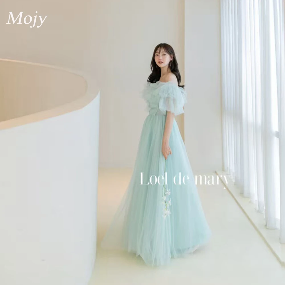 

Mojy Fairy Tulle Blue Korea Wedding Party Dress Photo shoot Sleeves Tulle Prom Evening Gowns Bridal Dress Lace Up Back