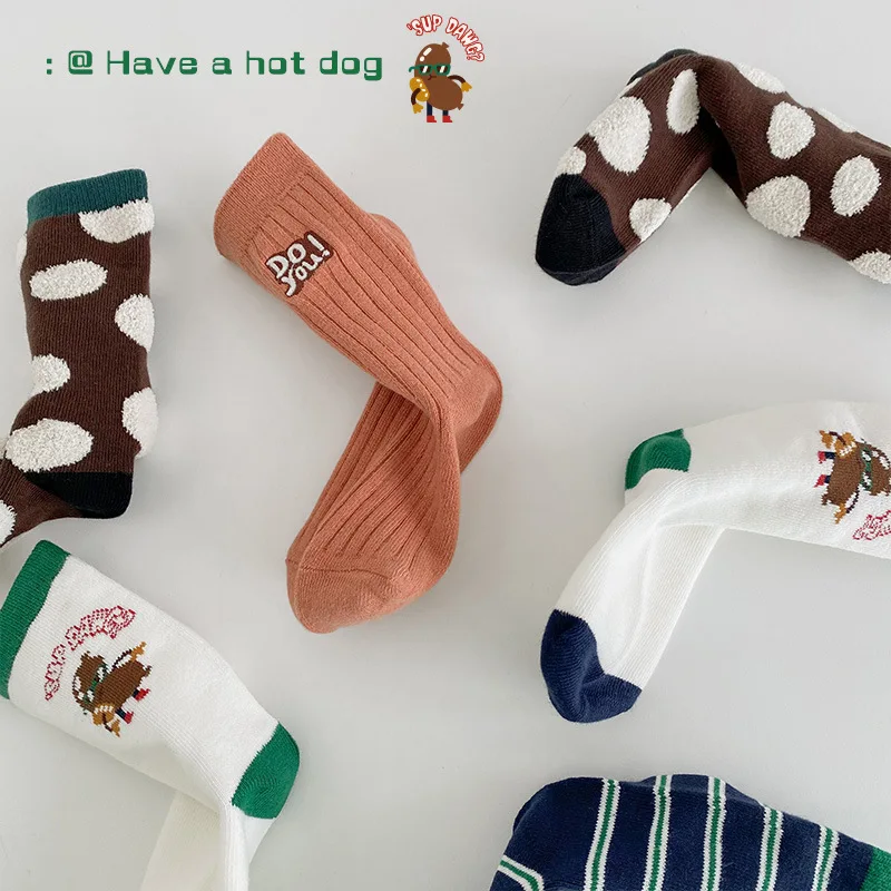 4Pairs/Lot 3-12Year child socks Autumn Big Wave Dot Stripe Mid tube Socks Cute Cotton Boneless Boys and Girls\' Socks