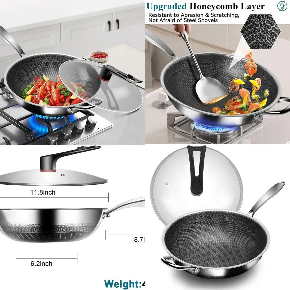 

12-Inch Stainless Steel Hybrid Nonstick Wok with Lid, Honeycomb Design, Stay-Cool Handle, Dishwasher and Oven Safe Cookware