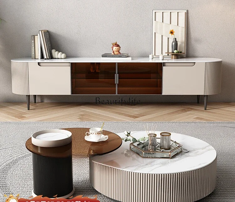 

Light luxury rock plate coffee table combination Light luxury minimalist high-end size round tea table floor cabinet