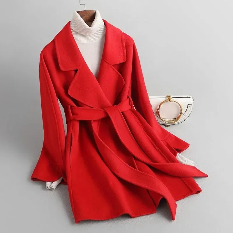 

Double-sided cashmere coat short 2023 new temperament lace-up slim-fitting small man red woolen coat woman