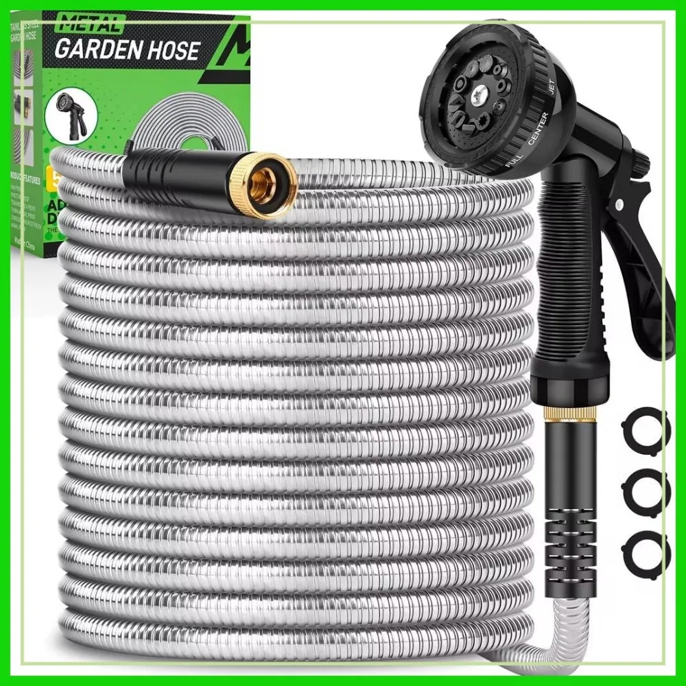 

Heavy Duty Garden Hose 100ft, Stainless Steel, No Kink, Lightweight with 10 Nozzles