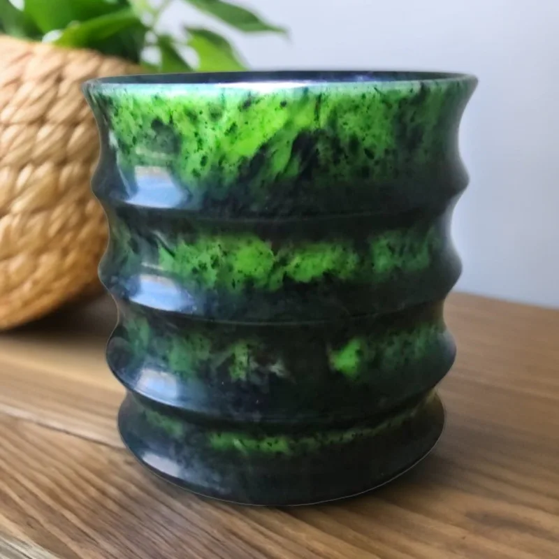 100mm Natural Green Jade Bamboo Teacup Tibetan Medicine King Stone Magnet Health Gongfu Teaware Jade Cups Kungfu Teaset Gifts