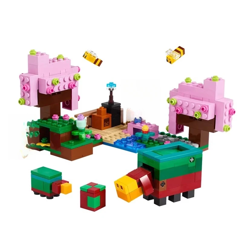 Set MOC Kompatibel Seri Permainan Dunia Mini Saya Blok Bangunan Taman Bunga Sakura Hadiah Anak-anak Mainan Perakitan 212