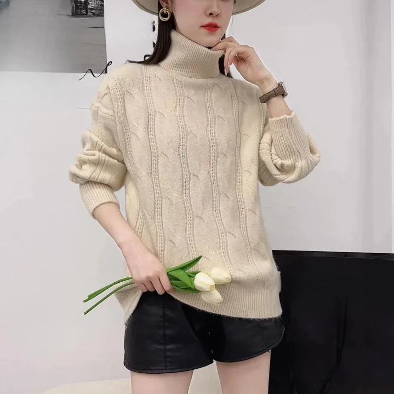Korean Solid Color Pullover Long Sleeve Sweater Knitted Casual Fashion Elegant Women\'s Clothing Autumn Winter Turtleneck Tops