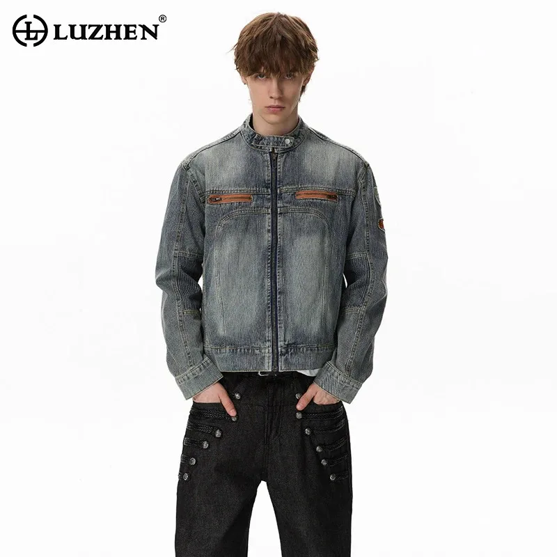 LUZHEN 2026 New Trendy Zipper Pockets Decorate Stand Collar Denim Jacket Men's Handsome Original Patchwork Logo Male Coat JY9507