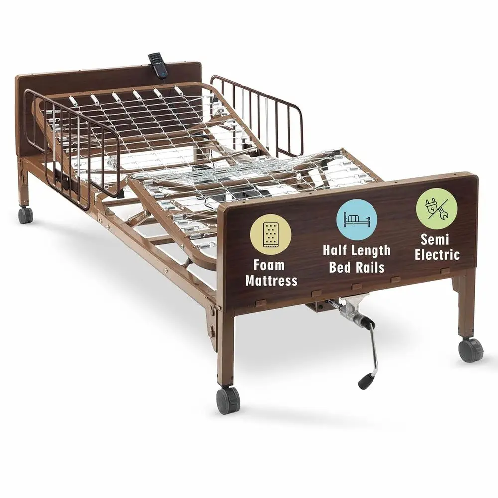 Fully Adjustable Semi-Electric Hospital Bed with Premium Foam Mattress, Side Rails, and Transport Casters for Home Care and Medi
