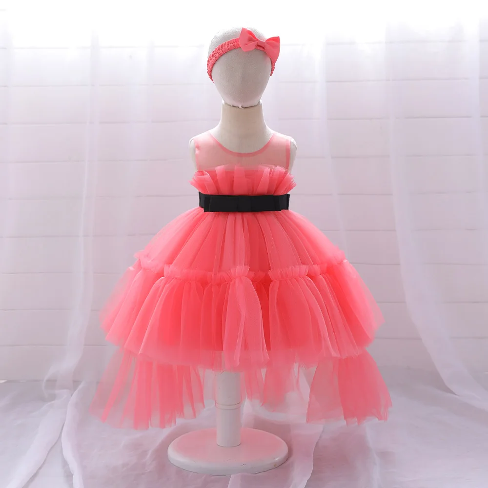 Fluffy Bow Baby Trailing Girl Dresses Tulle Wedding 1st Birthday Party Vestidos Kids Evening Gown Pink Princess Dress for Girls