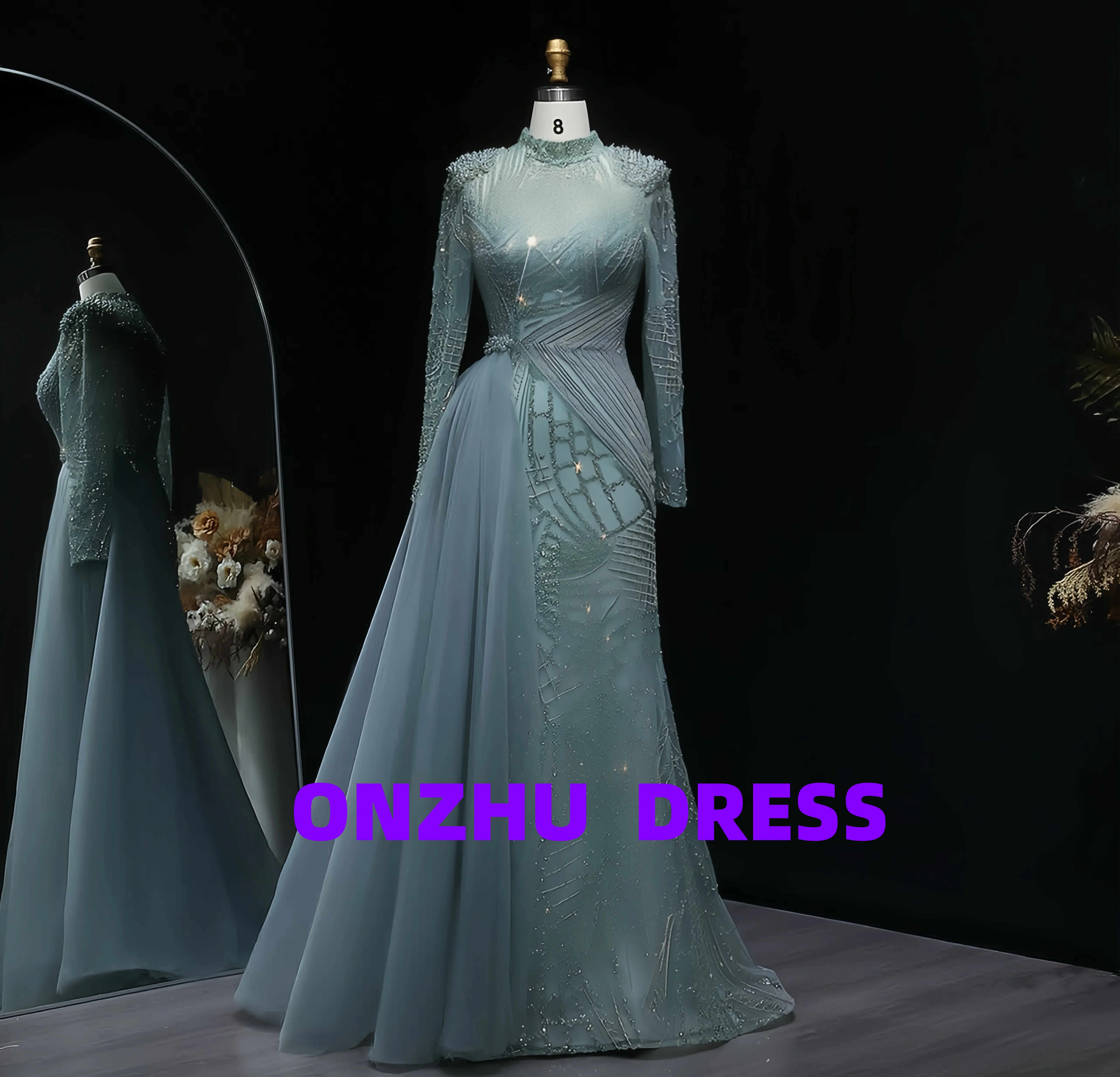 Personalizzato collo alto a maniche lunghe A-LINE abiti da sera eleganti abiti da soiree di lusso abiti da gala abiti da gala Party