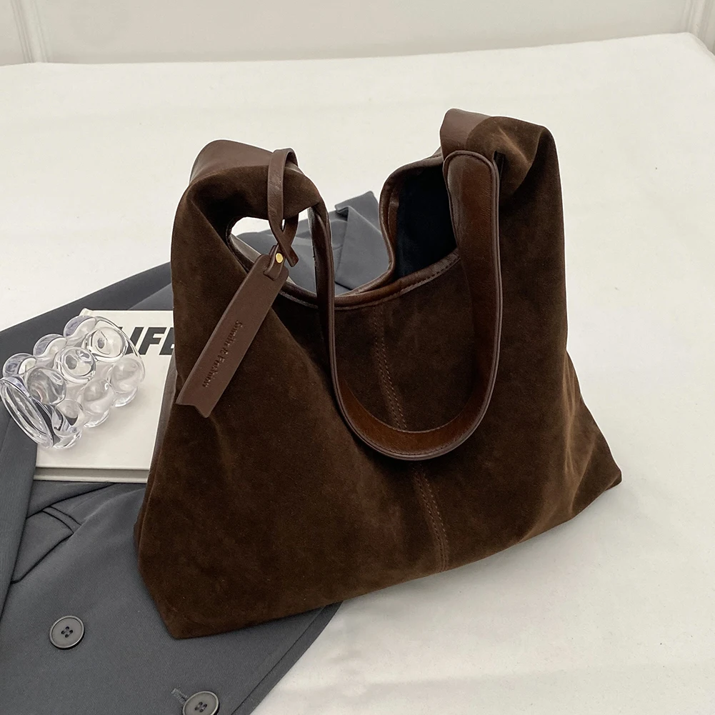 Women Suede Tote Bag Slouchy Retro Handbag Magnetic Closure Large Capacity Purse for Work Travel