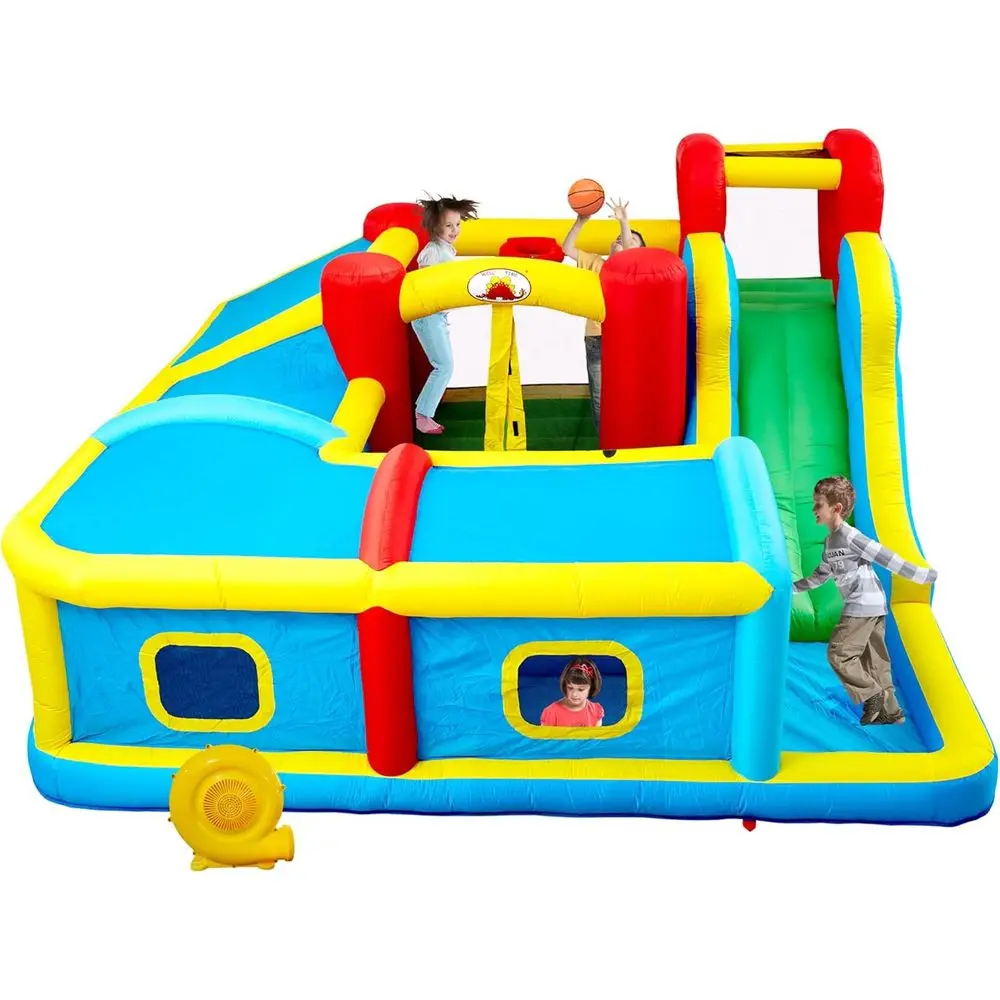 WELLUNTIME Iatable House with Slide, Jumping Castle with Blower and Wave Pool, Basketball Rim, Long Tunnel