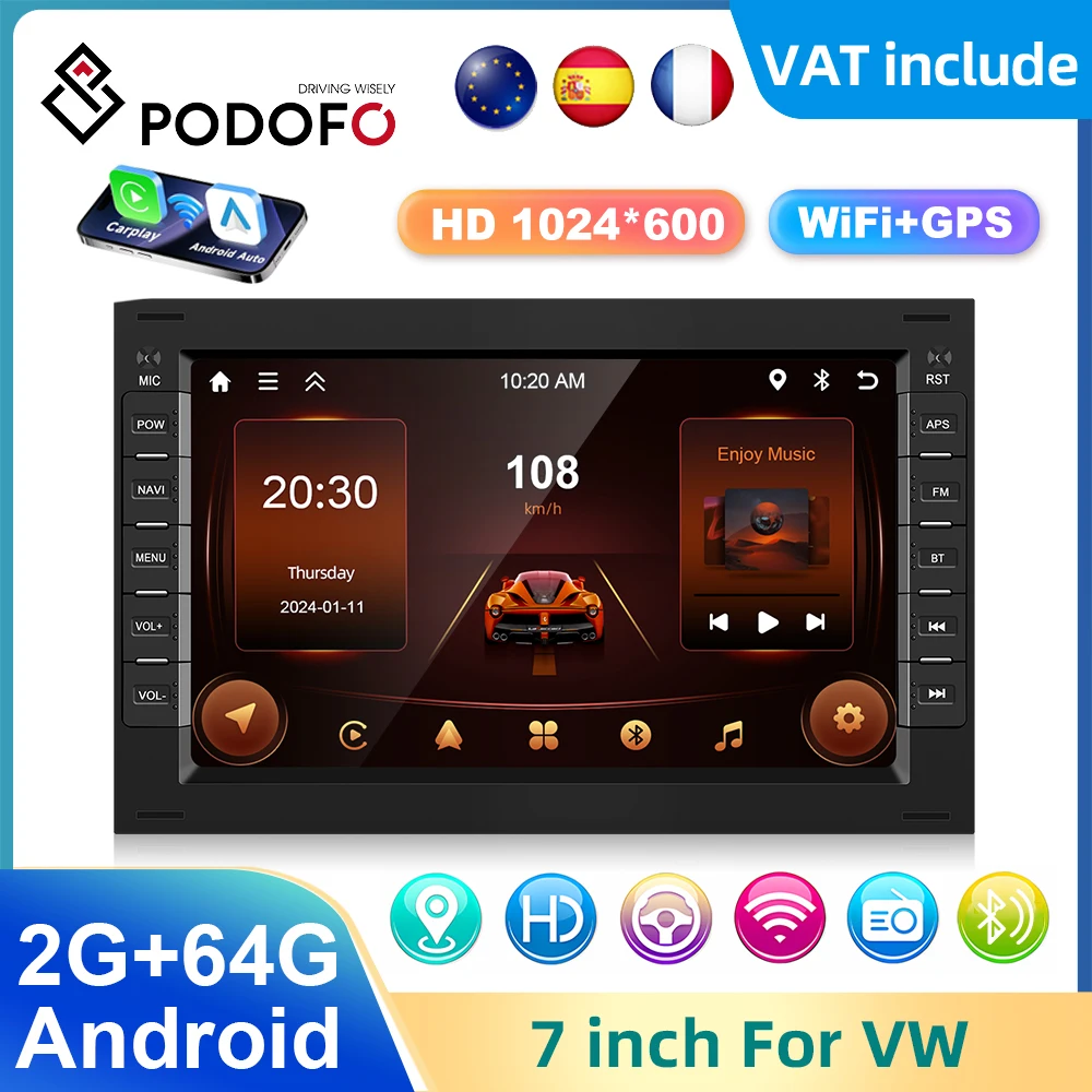 Podofo 7inch Android Car Radio For VW Passat Golf MK5 MK6 Jetta T5 EOS POLO Touran Carplay Android auto WIFI Bluetooth FM