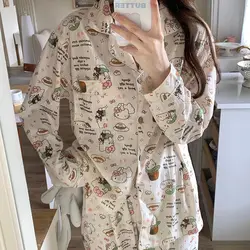 Sanrio Hello Kitty Hand Drawn Cartoon Style Pajamas Women's New Korean Version Sleepwear Cotton Long Sleeved Sweet Home Clothes