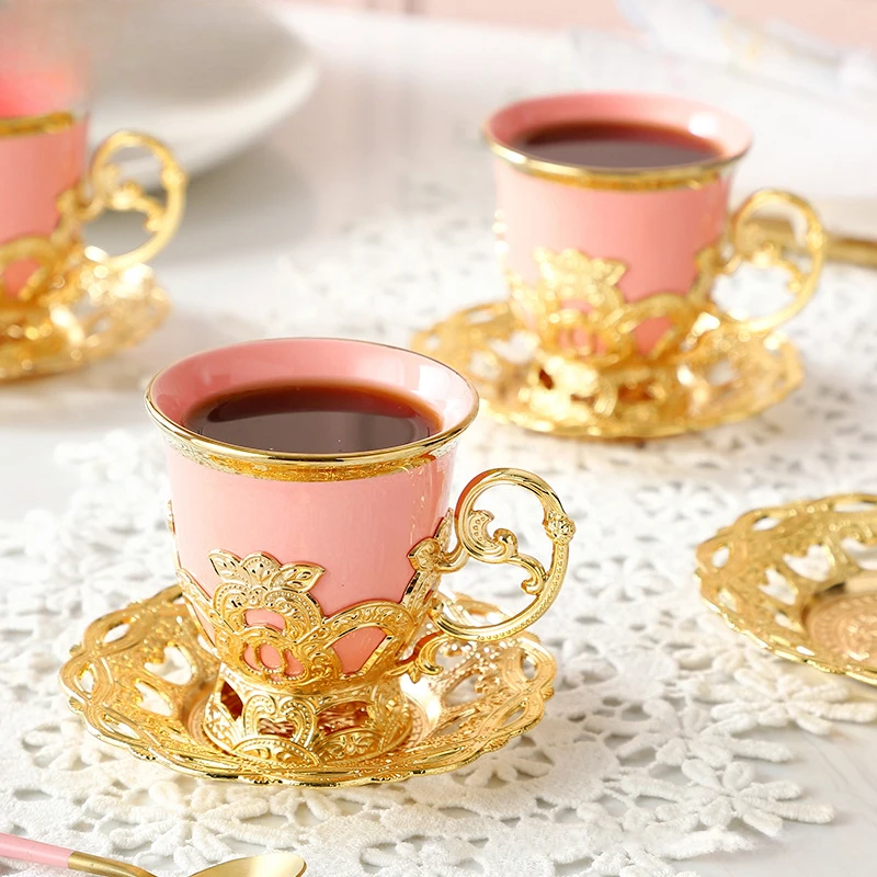 Light luxury and retro electroplated coffee cup set gift box Low cup European Gold Rim set cup and saucer six cups six plates