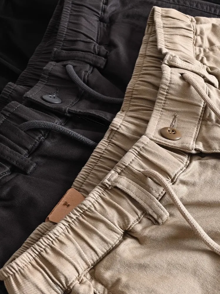 Men's Heavyweight Micro-Stretch Straight Cargo Pants  Japanese Retro Style Casual Loose Elastic Waist Pants Outdoor Hiking Pants