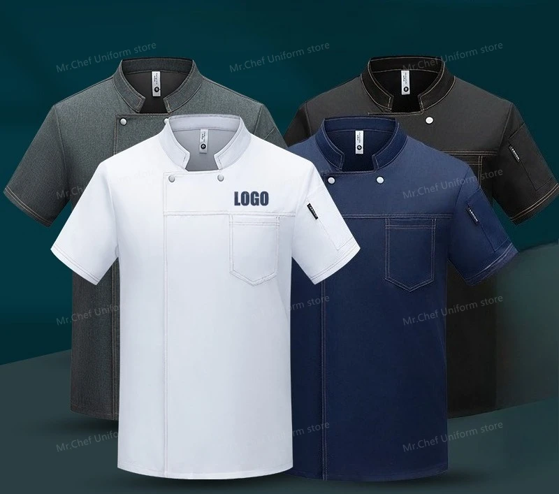 Chaqueta de Chef de manga corta para restaurante, abrigo de Chef transpirable para cocina, delantal de uniforme de Chef negro para hombre, ropa de camarero de trabajo con logotipo