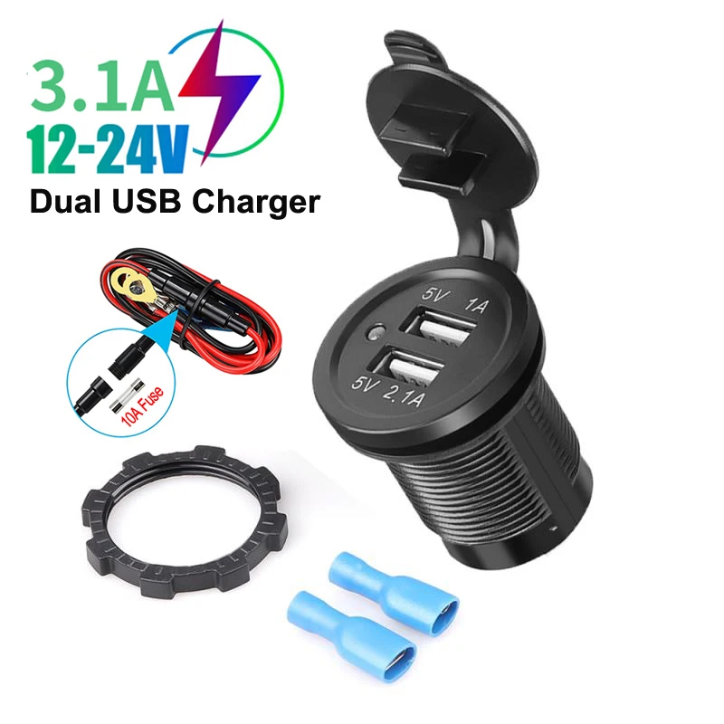 3.1A Dual USB Port Car Charger Socket Plug Mobile Phone Smart Charging Adapter Waterproof for Car Boat Motorcycle
