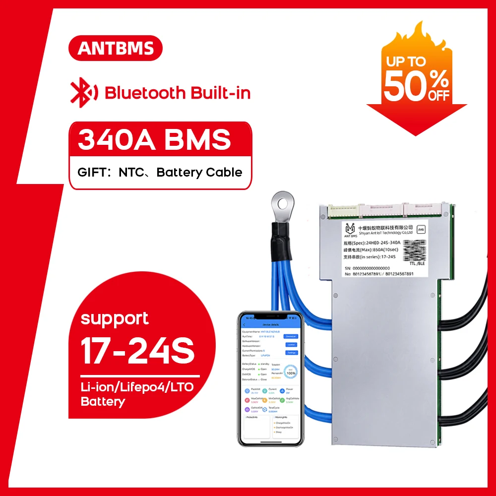 

ANT Smart BMS 17S 18S 19S 20S 21S 24S Li-ion Lifepo4 LTO Battery 48V 60V 72V continuous 340A peak 850A BT Smart balance board