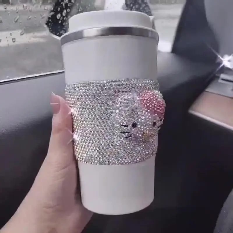 Kawaii Sanrio Hello Kitty Thermos Cup Anime Figure Coffee Cup Cartoon Portable Diamond Lovers Valentine's Day High-End Gift Box