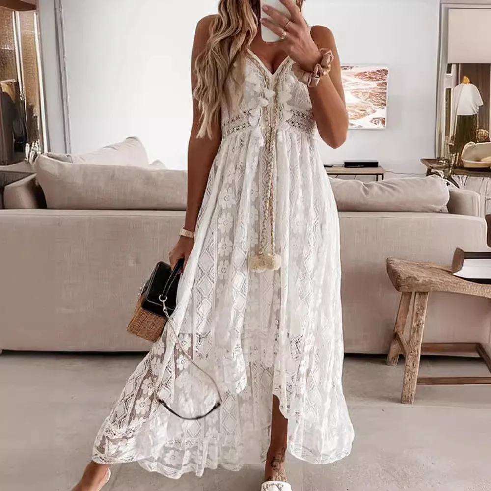 女性用ストラップAラインドレス2026春夏新作レディースマキシキャミドレスレースパッチワークファッションノースリーブビーチドレス