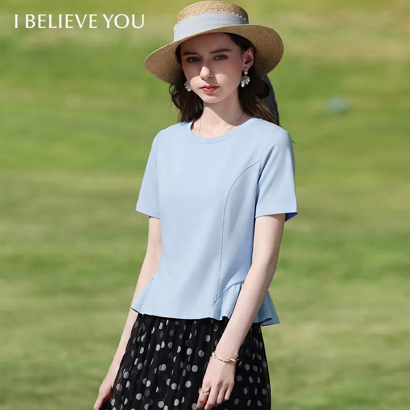 

I BELIEVE YOU Blue Short Sleeve Round Neck T-Shirt For Women 2026 Summer New Ruffles Splicing Hem Design Casual Top 2261016286