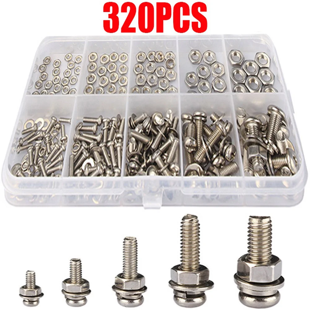 320-Piece Stainless Steel Screw Nut Bolt Assortment Kit, 304 Hex Socket Cap Head Washers For 2mm 2.5mm 3mm 4mm 5mm Hardware Repa