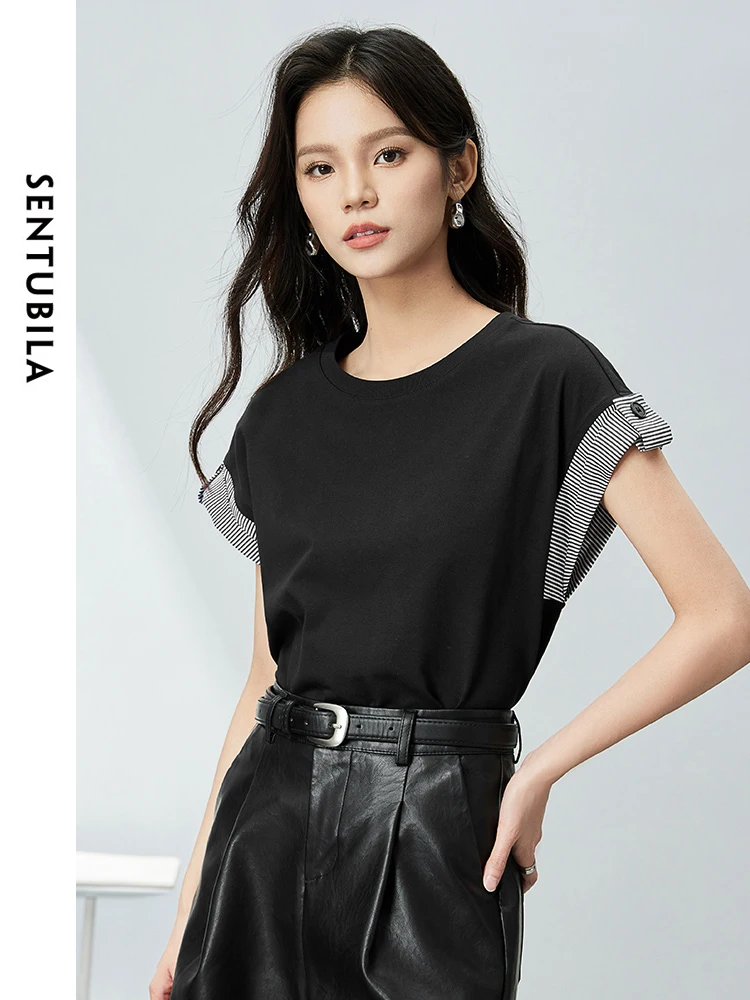 

SENTUBILA Spliced Striped T-shirt for Women 2024 Summer Comfortable Casual Round Neck Contrast Loose Short Sleeve Tops 142T54559