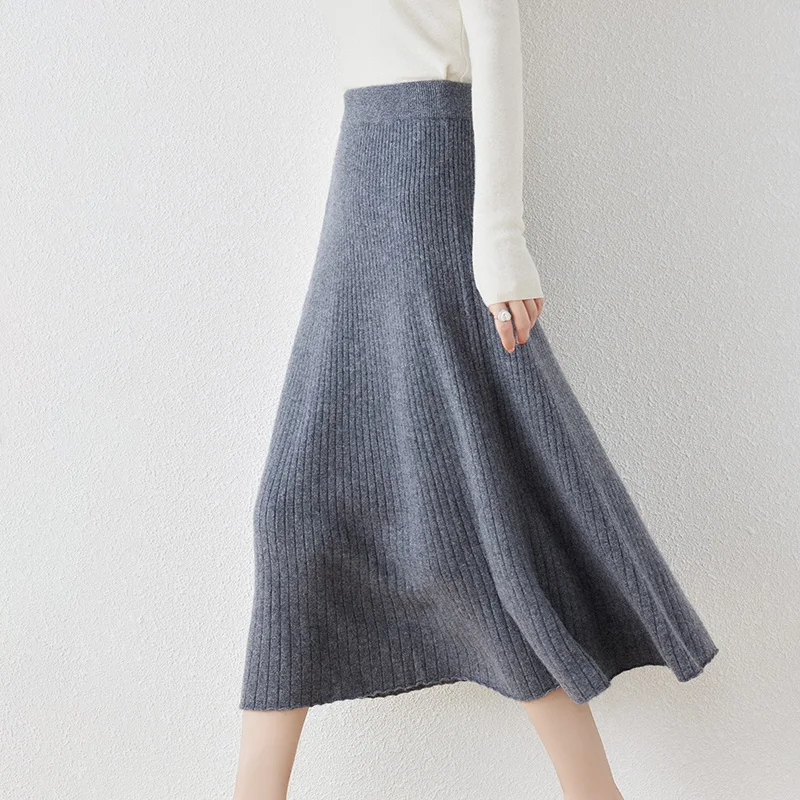 

Women's Knitted Mid-Length Skirt, 100% Merino Wool Sweater, Versatile Commuter, Striped A-Line, Autumn and Winter, New