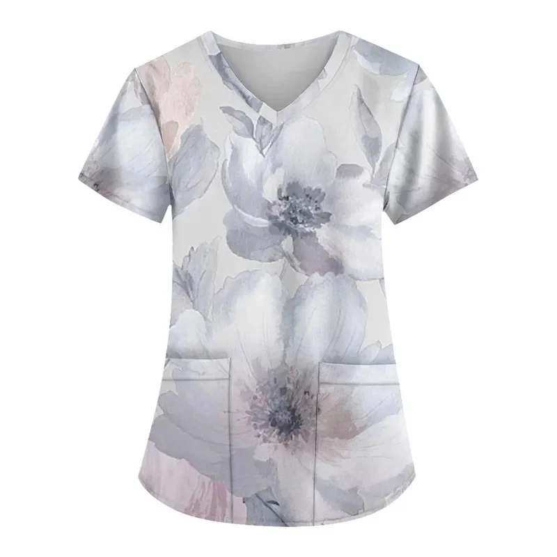 New Summer Collection for WomenVCollar Short SleeveTShirt Medical nurse uniform with pockets floral print casual top