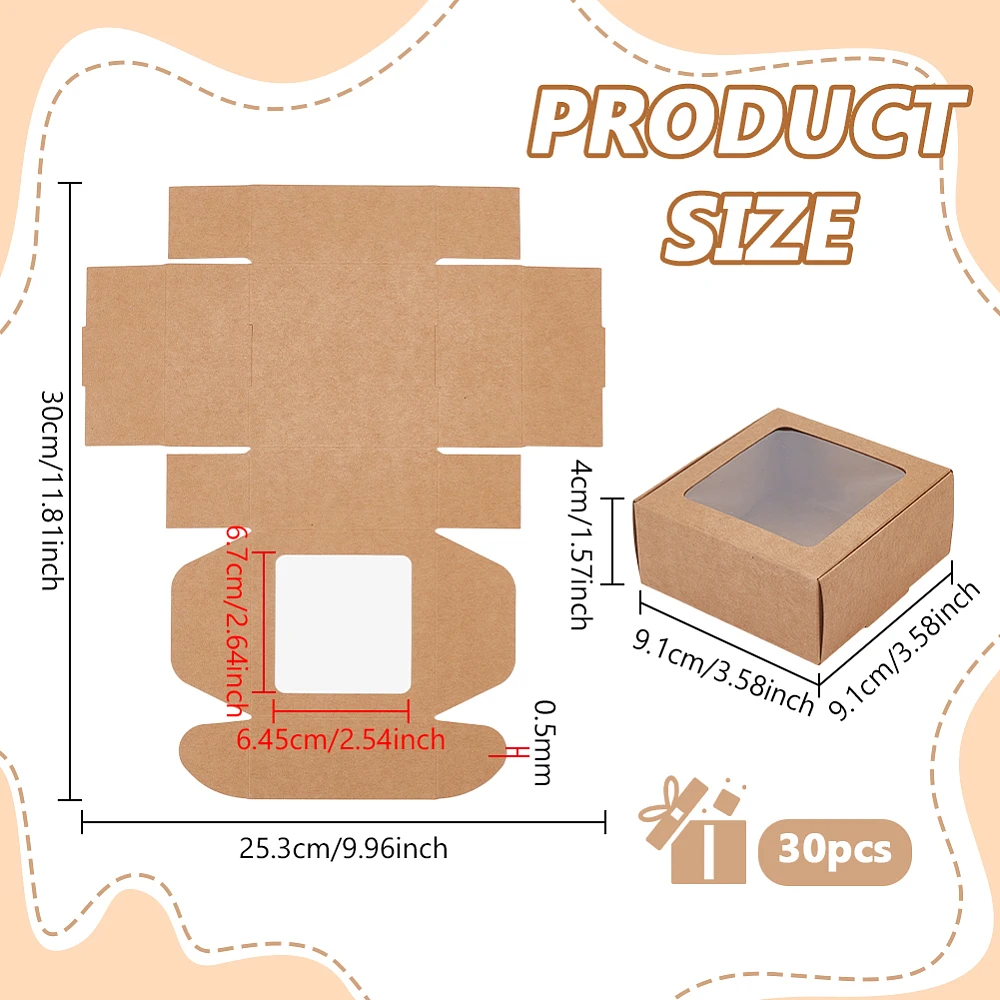 30pcs Square Kraft Paper Boxes Gift Boxes with Clear PVC Window for Wedding Gift Chocolates Cookies and Other Small Crafts