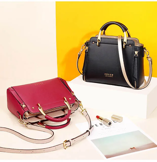 FOXER Split Leather Shoulder Bag Women Top Handle Handbag Female Large Capacity Tote Bag Simple Luxury Crossbody Purse